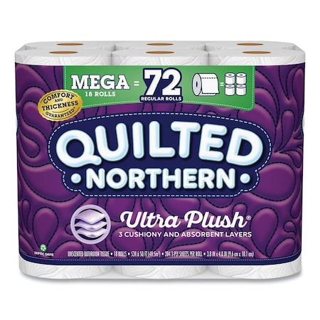 Quilted Northern Ultra Plush Bathroom Tissue, Mega Rolls, Septic Safe, 3-Ply, White, 284 Sheets/Roll, 18PK 876045/874685